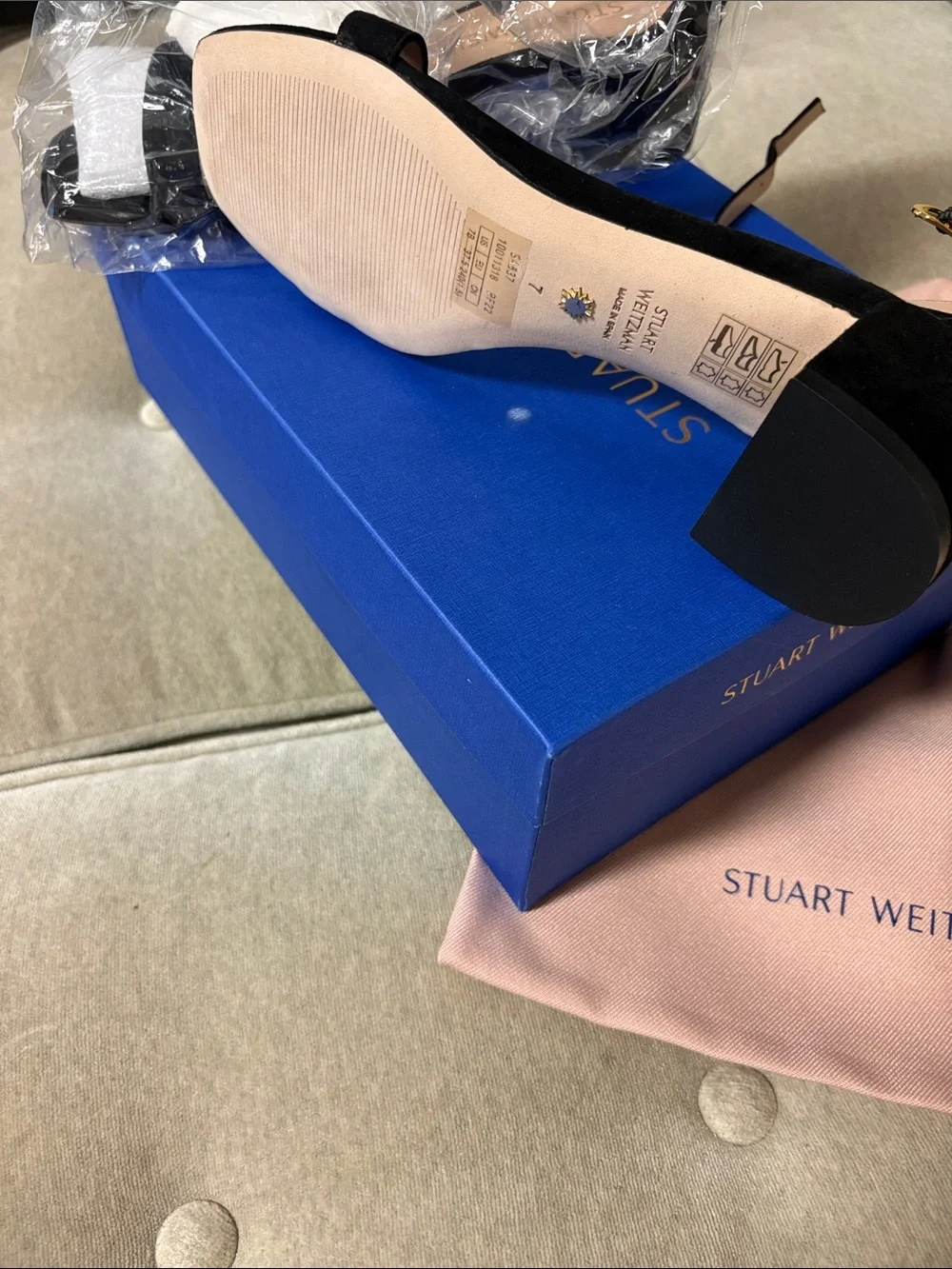 Stuart Weitzman Black Suede Block Heel Ankle-Strap Sandals